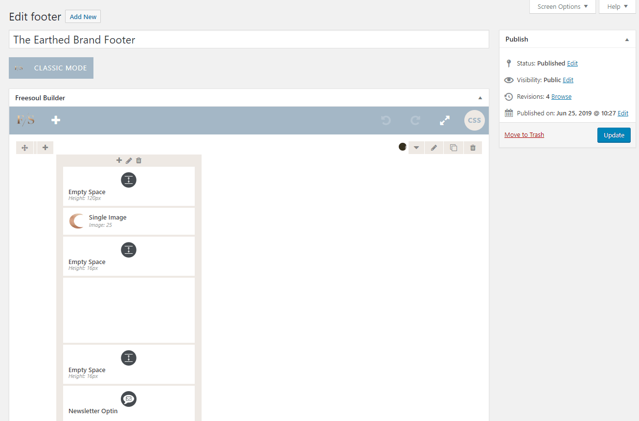 Footer Element editing window